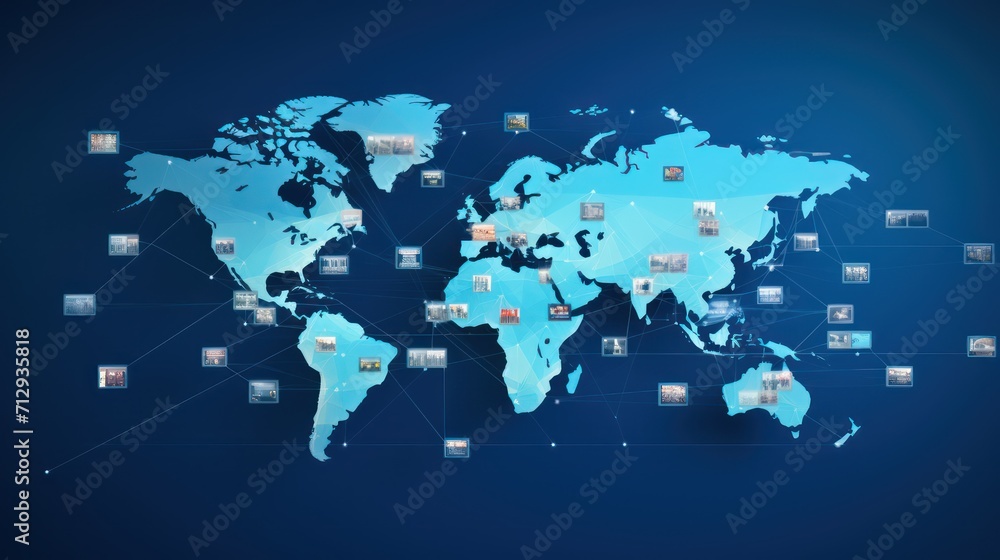 A World map infographic with communication network icons, photo, on a blue background. A World map infographic with communication network icons, photo, on a blue background.