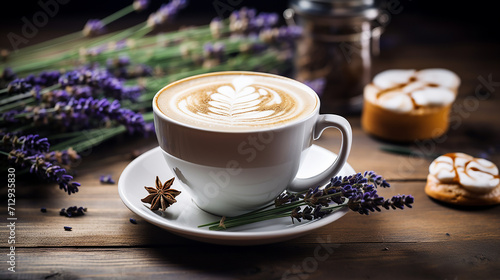 lavender honey latte on white cup in a quaint garden themed cafe photo