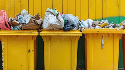 yellow plastic rubbish bins packed with waste, highlighting the issue of excess trash. photo