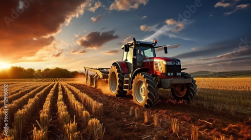 A farmer driving a tractor in a field, sunny day. photo