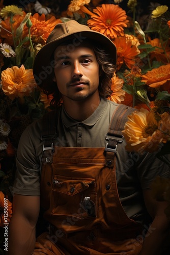 Photo Realistic of a Gardener in Overalls and a Sun Hat  Generative AI