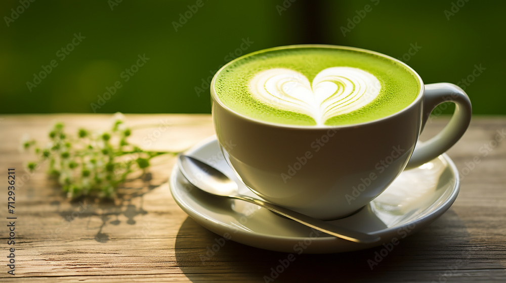 beautiful matcha green tea latte on wooden table in a zen garden outdoor cafe beautiful matcha green tea latte on wooden table in a zen garden outdoor cafe