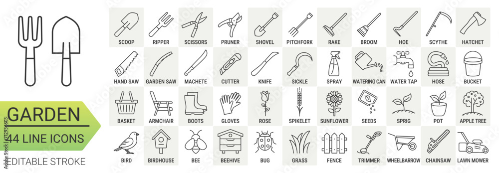 Garden tools. Line icon set with editable stroke. Vector gardening symbols for agriculture design. Collection of simple elements: hand tools, equipment, garden supplies. 44 editable line icons. - obrazy, fototapety, plakaty 