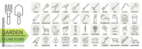 Garden tools. Line icon set with editable stroke. Vector gardening symbols for agriculture design. Collection of simple elements: hand tools, equipment, garden supplies. 44 editable line icons. photo
