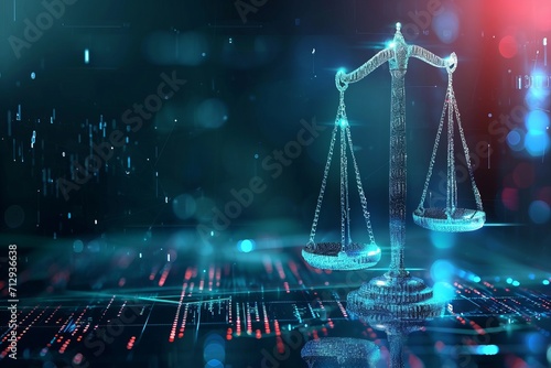 Digital law concept. Law scales at data center. Abstract background photo