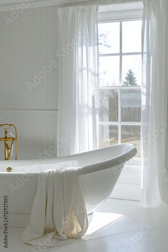 White bathtub  cinematic light from behind  bright environment and everything in white  golden details