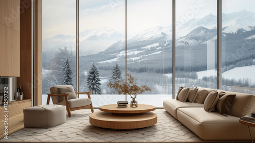 Scandinavian minimalist home interior design of modern living room. Round wooden coffee table near beige sofa and armchair against floor to ceiling panoramic window with winter mountain view © midart