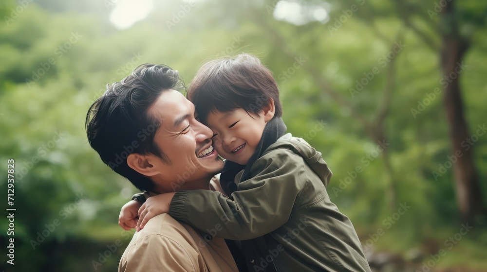 Father, bonding kiss and boy child hug happy in nature with quality time together outdoor. Happiness, laughing and family love of a dad and kid in a park enjoying nature hugging with care and a smile. Father, bonding kiss and boy child hug happy in nature with quality time together outdoor. Happiness, laughing and family love of a dad and kid in a park enjoying nature hugging with care and a smile.