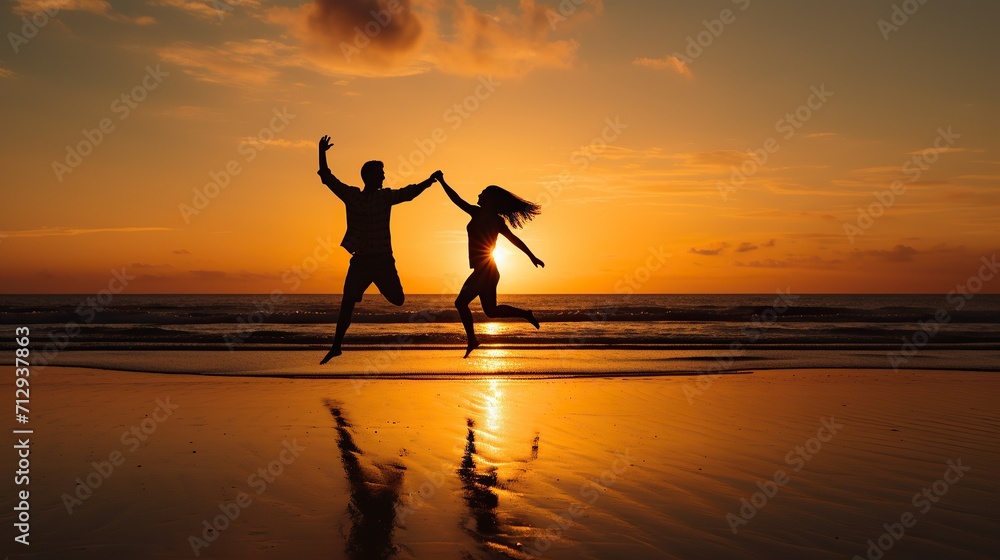 happy couple running and jumping on the beach at sunset,Silhouette Couples Jumping