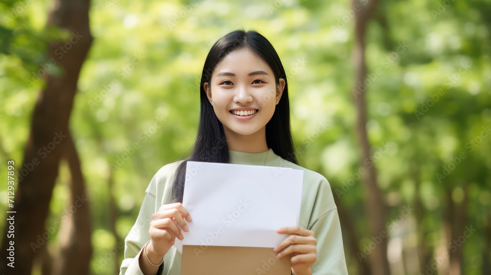 A Portrait of a young Thai woman smiling happily holding a piece of paper with a green recycling sign over a beautiful natural forest background. environment and sustainability, loving the earth. A Portrait of a young Thai woman smiling happily holding a piece of paper with a green recycling sign over a beautiful natural forest background. environment and sustainability, loving the earth.