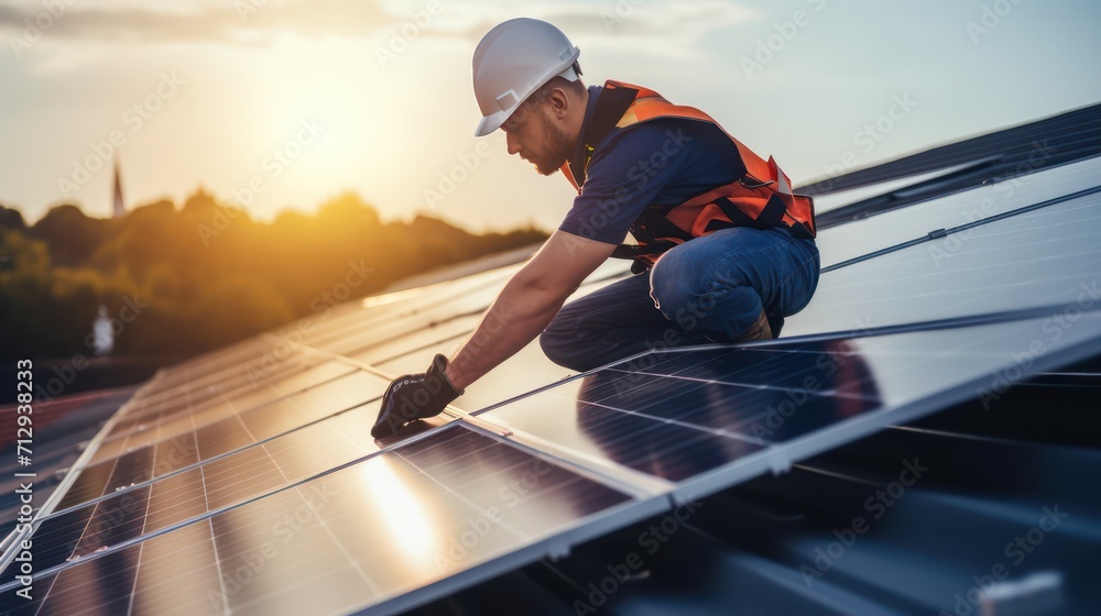 Construction industry, aerial view. An electrician in a helmet is installing a solar panel system outdoors. Engineer builds solar panel station on house roof Construction industry, aerial view. An electrician in a helmet is installing a solar panel system outdoors. Engineer builds solar panel station on house roof