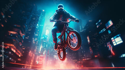 Extreme rider, he is riding on the rooftop, performing stunts, nighttime city illumination, neon signs creating bright colorful reflections.