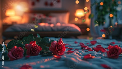 Valentines Day in a room with a romantic feel and red roses. video animation photo
