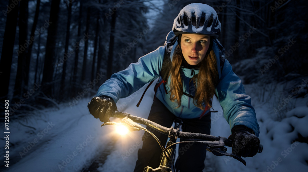 Woman in warm clothing, She is riding a fat bike with wide tires on a snowy trail, Twilight, with the bike's lights illuminating the path.