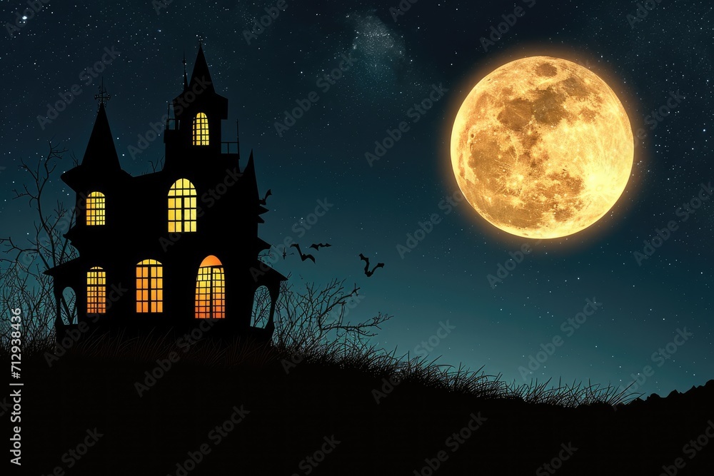 A spooky silhouette of a haunted house against a full moon in the night sky Halloween background with haunted house