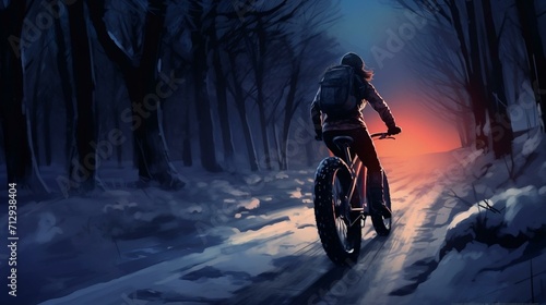 Woman in warm clothing, She is riding a fat bike with wide tires on a snowy trail, Twilight, with the bike's lights illuminating the path. photo