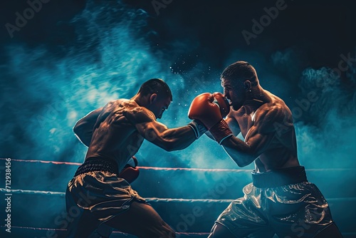 Dynamic fighter in intense boxing championship, showcasing skill, strength, and determination in a high-stakes and thrilling sports competition photo