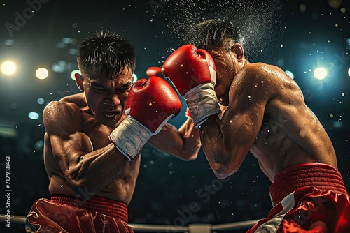 Dynamic fighter in intense boxing championship, showcasing skill, strength, and determination in a high-stakes and thrilling sports competition © AI Farm