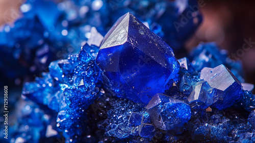 Macro close-up of natural blue azurite crystal gemstone mineral rock formation, blue, purple, amethyst, gold, quartz, agate, background image, room for copy space