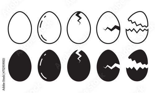 Set of broken eggs icon. Black and outline shapes of cracked egg