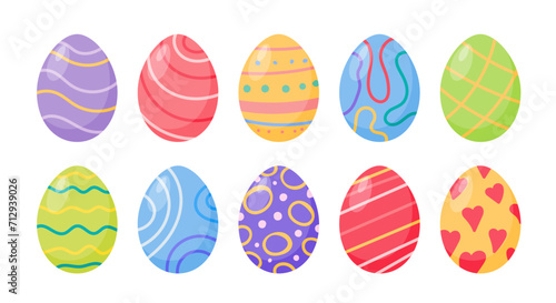 Colorful decorated Easter egg set. Doodle pattern design elements for holiday cards.