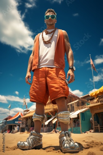 Photo Realistic of a Beachcomber in Swim Shorts and a Seashell Necklace, Generative AI