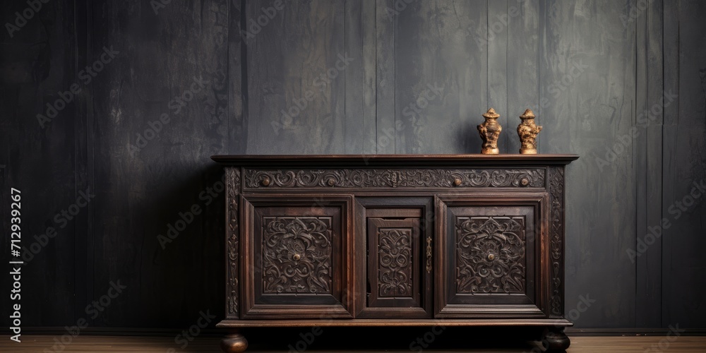 Stylish interior with elegant carvings on an antique cabinet.
