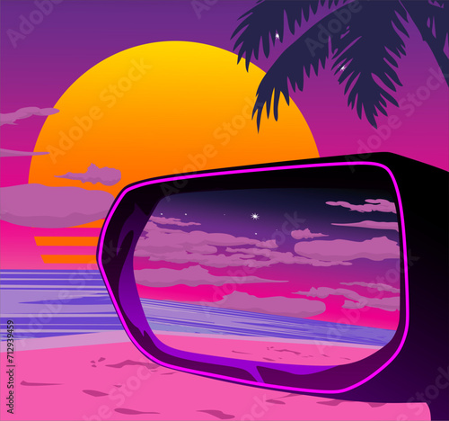 rear view mirror with aesthetic moon on the beach retrowave style