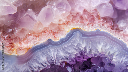 Macro close-up of natural geode crystal gemstone mineral rock formation, pink, purple, gold, amethyst, rose quartz, agate, background image, room for copy space