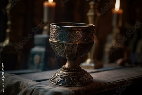 Sacred cup in an ancient shrine, enchanted object. Generative AI