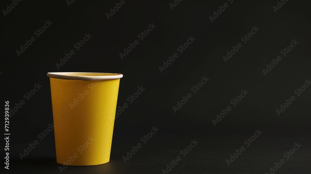 A yellow, vacant disposable paper fast food cup, showcased from the side, against a black backdrop, Ai Generated. A yellow, vacant disposable paper fast food cup, showcased from the side, against a black backdrop, Ai Generated.