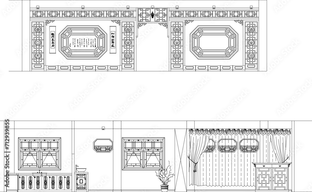 Vector sketch illustration of traditional Chinese ethnic room interior design