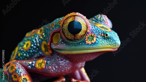 The image shows a colorful frog sitting on a black surface, Ai Generated