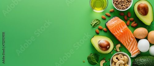 Concept of a ketogenic diet with ingredients like salmon, avocado, eggs, nuts, and seeds, set against a bright green backdrop, top perspective, Ai Generated.