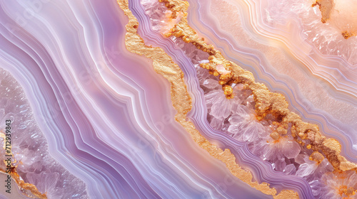 Macro close-up of natural geode crystal gemstone mineral rock formation, pink, purple, gold, amethyst, rose quartz, agate, background image, room for copy space