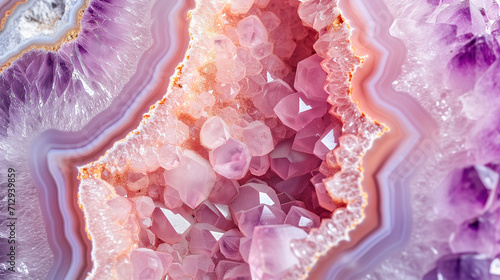 Macro close-up of natural geode crystal gemstone mineral rock formation, pink, purple, amethyst, rose quartz, agate, background image, room for copy space (ID: 712939859)