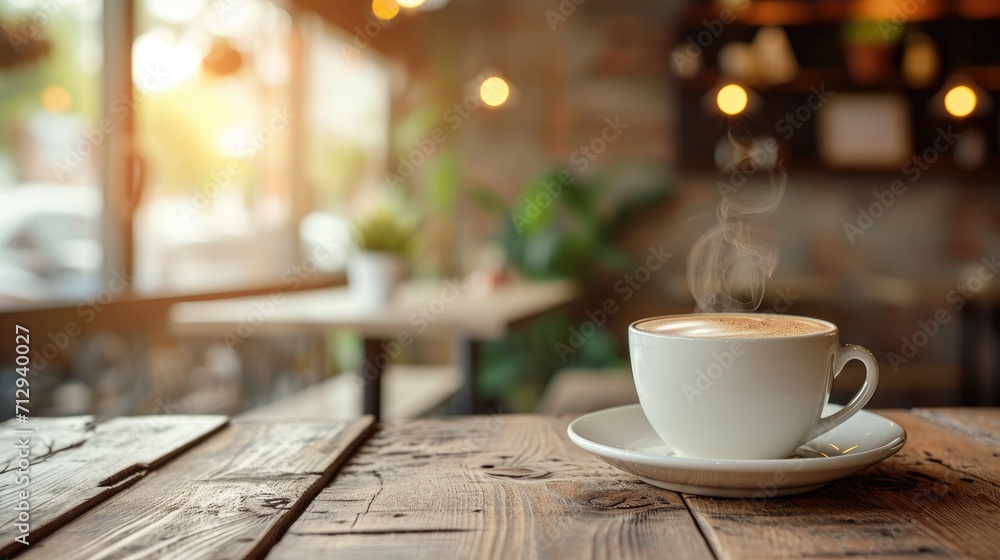 A cup of coffee on a saucer on a table in a cafe, Ai Generated A cup of coffee on a saucer on a table in a cafe, Ai Generated