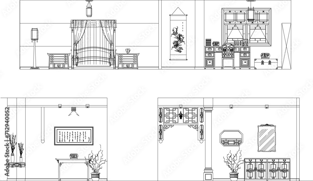 Vector sketch illustration of traditional Chinese ethnic room interior design