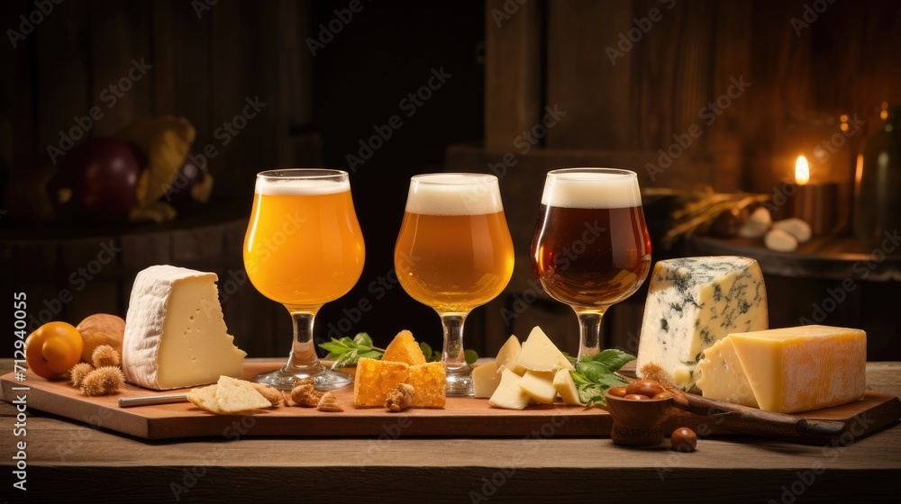 A table topped with a variety of cheeses and glasses of beer, Ai Generated