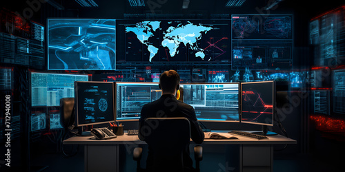 An armed security guard in a bank diligently monitors the situation inside the building using surveillance monitors ensuring a secure AI Generative 