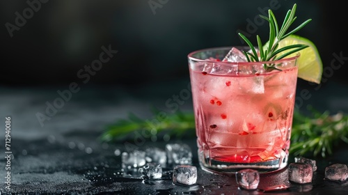 Cocktail with ice and rosemary on a table, Ai Generated