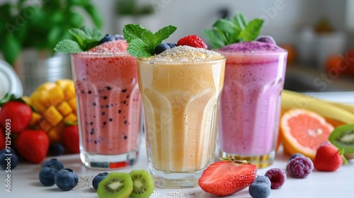 Three glasses of smoothies with different types of fruits and berries on a table  Ai Generated
