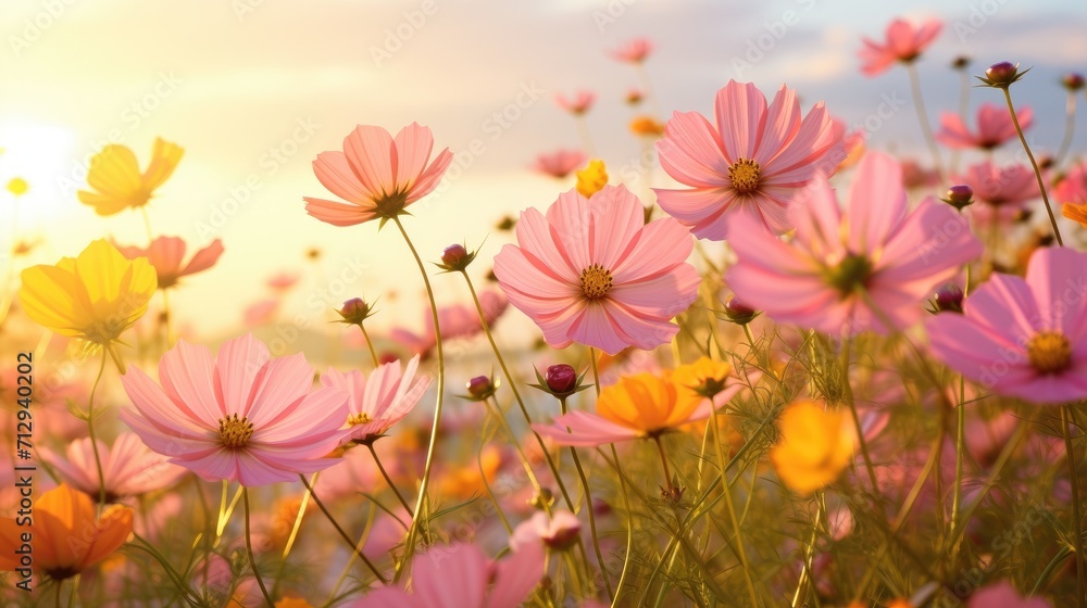Flourishing field of yellow, pink, and orange cosmos flowers basking in the sunlight, Ai Generated Flourishing field of yellow, pink, and orange cosmos flowers basking in the sunlight, Ai Generated