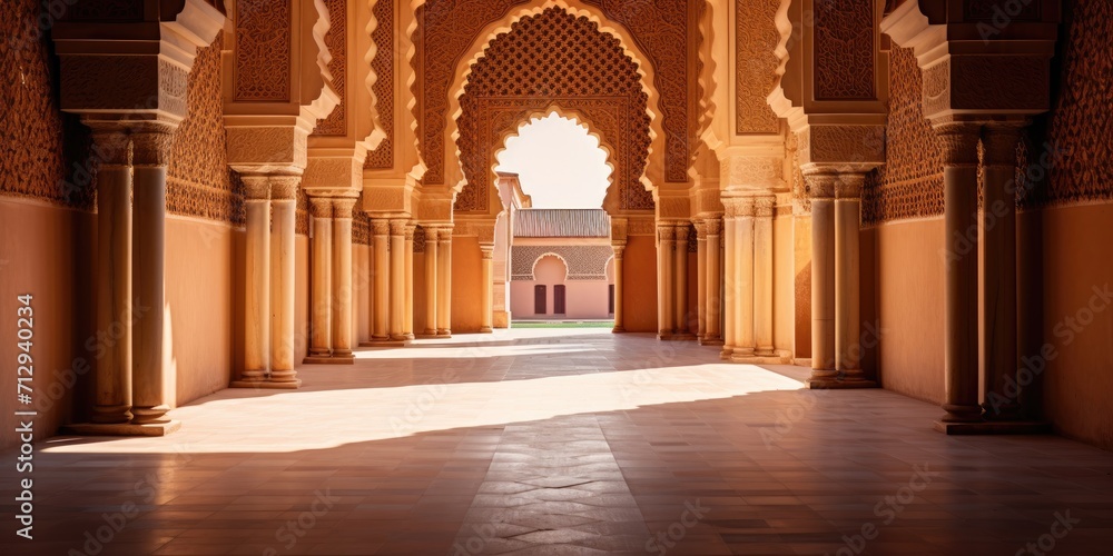 Decorative archway with columns and ornate features in historic Moroccan structure.