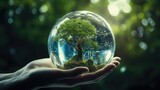 In the robot's hand, an Earth crystal glass globe and tree symbolize saving the environment, Ai Generated.