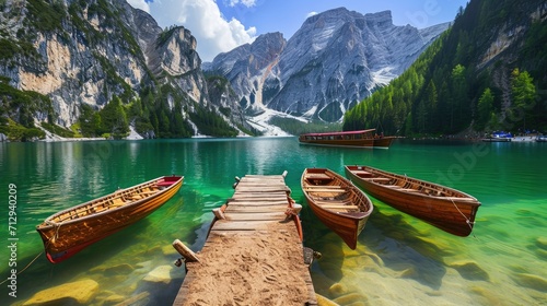 Vessels on Braies Lake Pragser Wildsee, nestled in the Dolomite mountains, Ai Generated photo