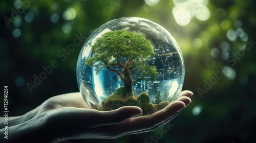 In the robot's hand, an Earth crystal glass globe and tree symbolize saving the environment, Ai Generated.