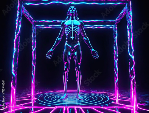 Hypnotic Psychedelic Trip - Digital 3D render with elongated limbs reaching into fragmented reality and bold neon accents Gen AI photo