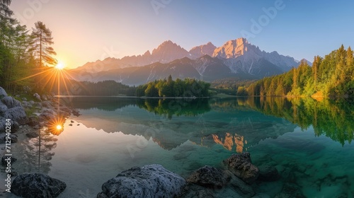 Witness the impressive summer sunrise over Eibsee lake with the backdrop of the Zugspitze mountain range, Ai Generated. photo