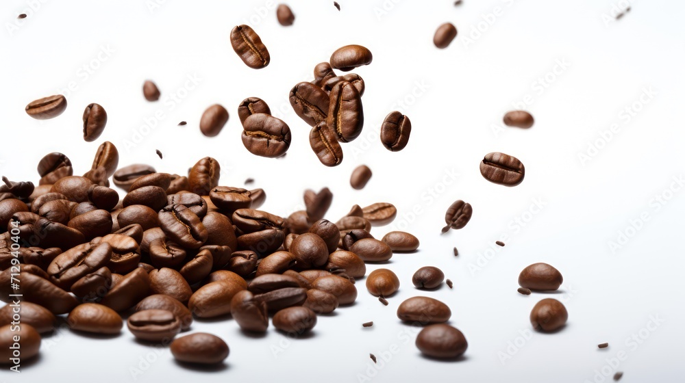 A Close-up view of coffee beans on a white isolated transparent background.